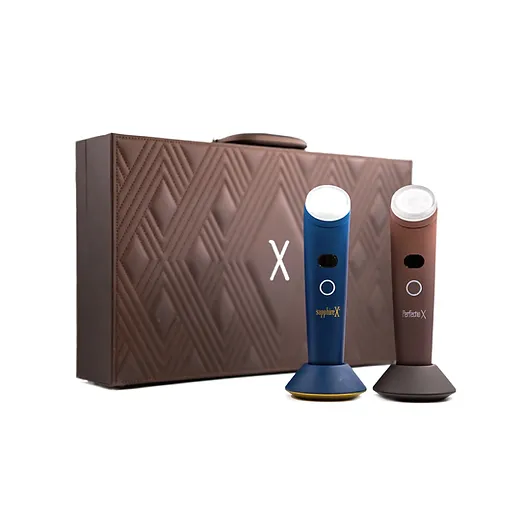 Spa product set featuring two advanced devices in a stylish brown case