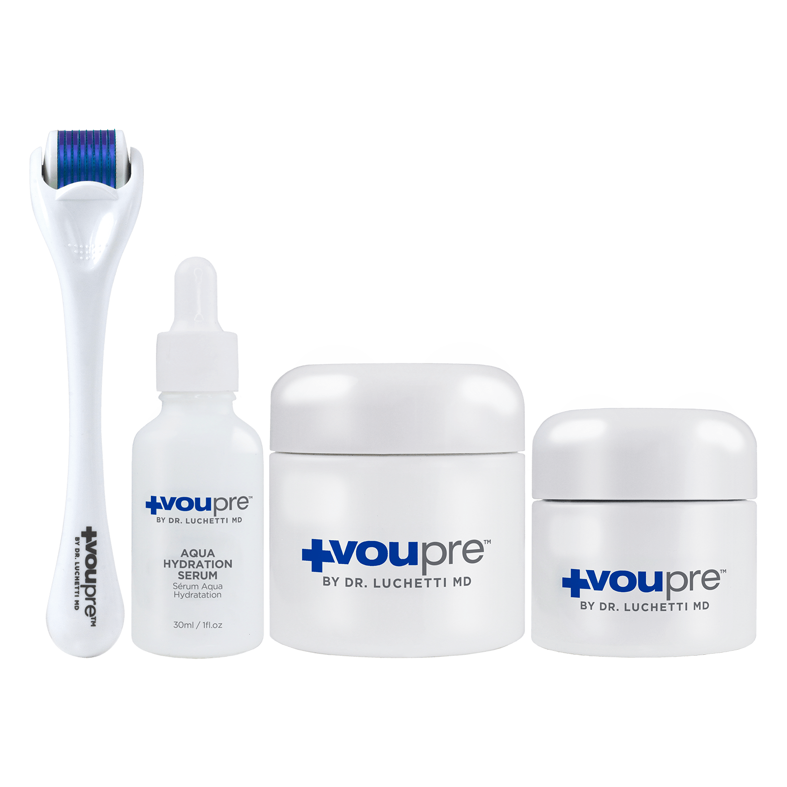 Skin care products including a derma roller and hydration serum from Voupre by Dr. Luchetti.