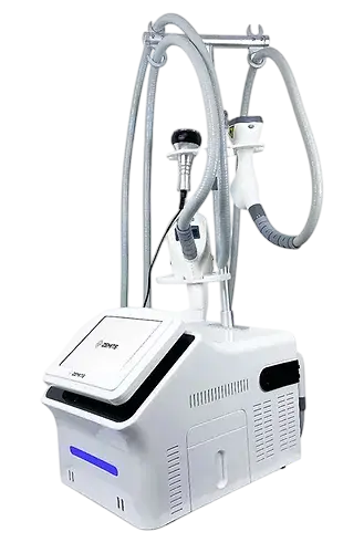 Medical or cosmetic device with a digital control panel, flexible hoses, and a white rectangular base, used for treatments like cryotherapy or body contouring.